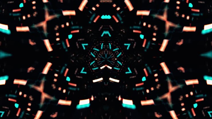 Infinite loop flicker dark blue gold rotating kaleidoscope tunnel of shining blue neon color lights. 4K Abstract digital tunnel sectors. Cyber colorful led wall and light shine rotating animation.