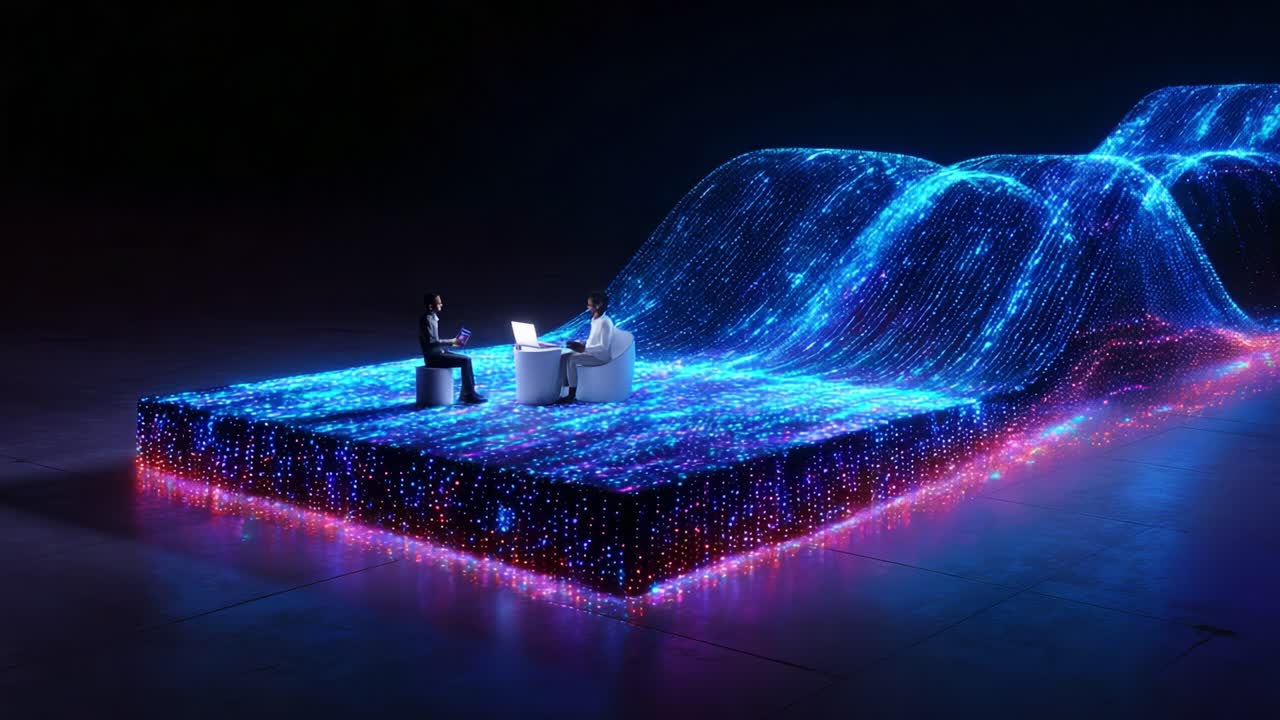 A futuristic scene showcasing two individuals engaged in a discussion amidst a mesmerizing digital landscape composed of vibrant lights and waves, representing technology and creativity