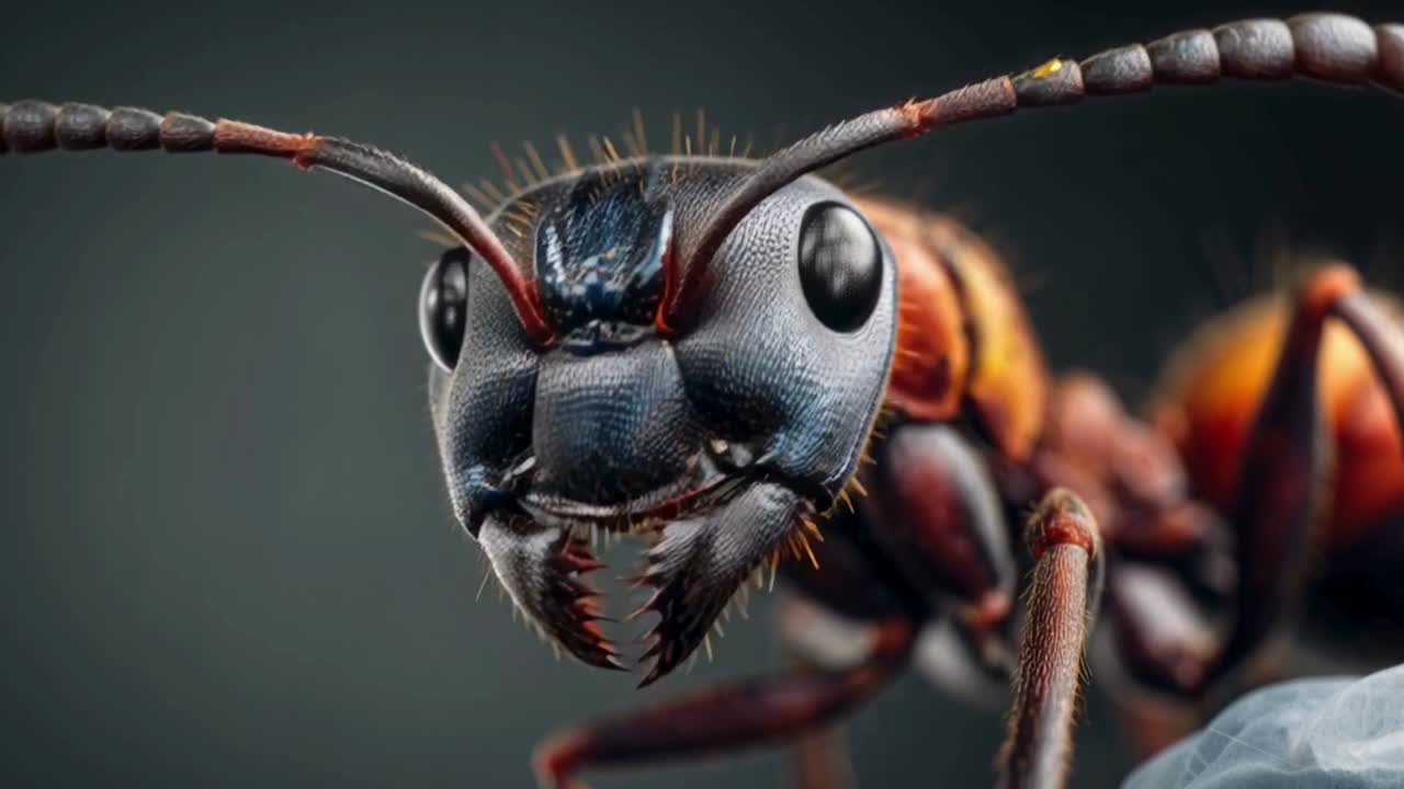 Extreme Macro Close-up of an Ant's Head with Detailed Eyes and Mandibles on a Dark Background