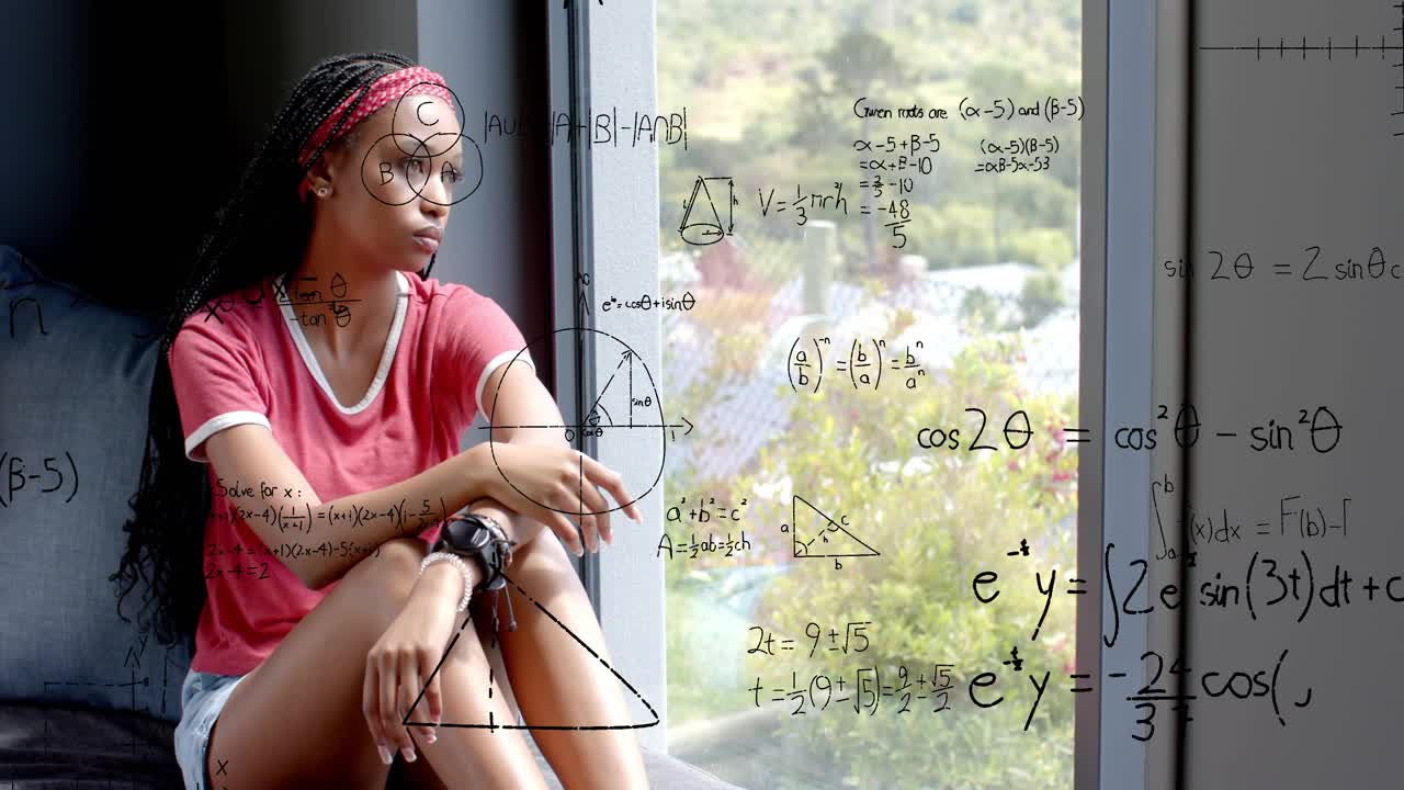 Woman sitting on window seat gazing and turning head, sparking math diagrams on glass for education