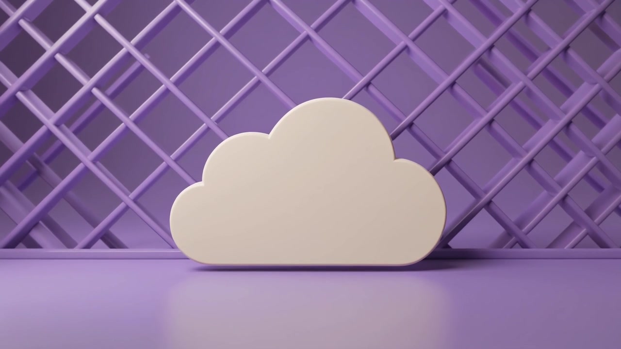 Hvid sky-ikon svævende i minimalistisk lilla studiemiljø