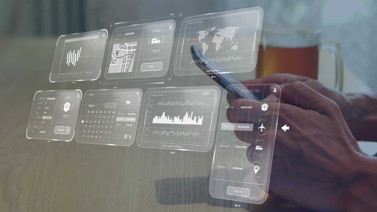 animación de datos en pantallas sobre hombre de negocios caucásico con teléfono inteligente