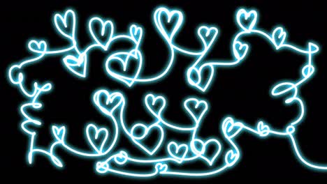 corazones de neón en una línea.