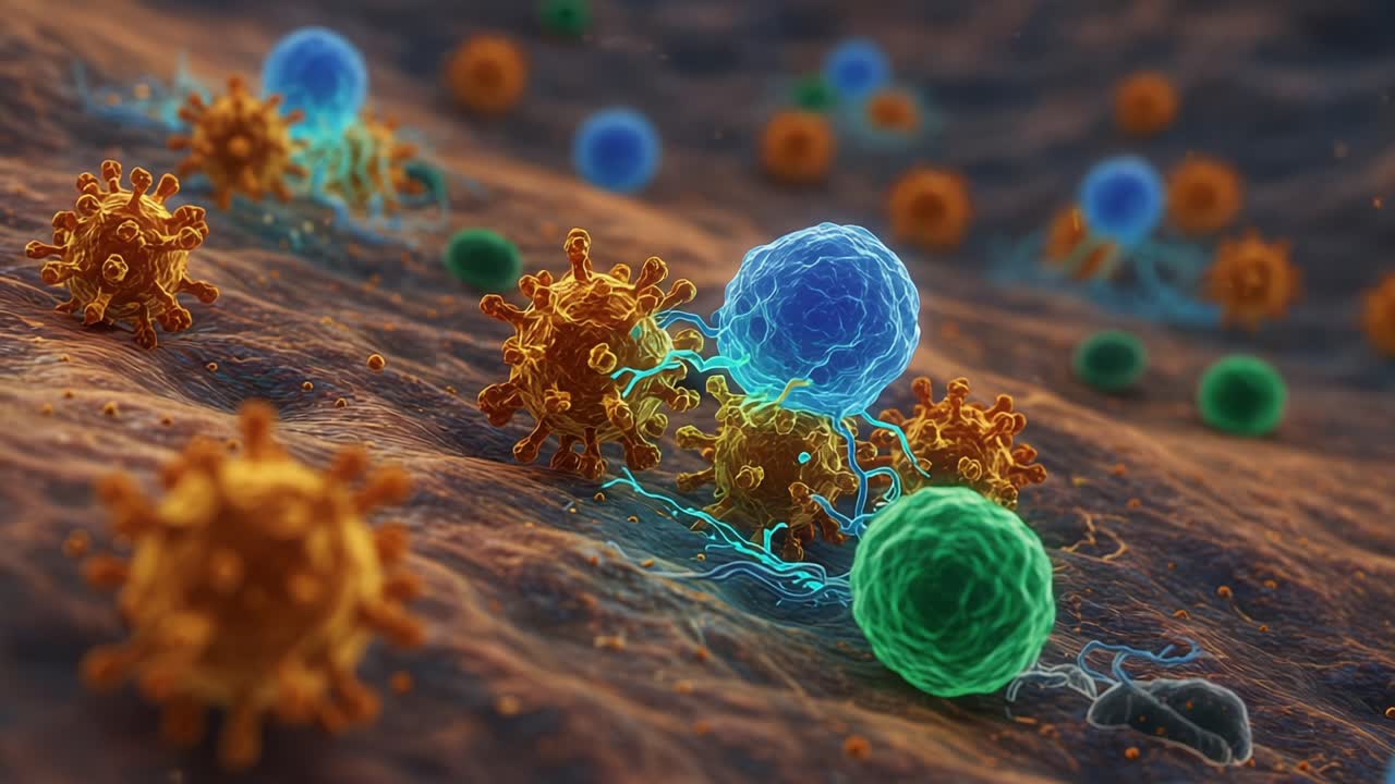 Microscopic Interaction of Cells and Viruses: A Visual Journey into the Complex World of Microbiology and Cellular Defense Mechanisms