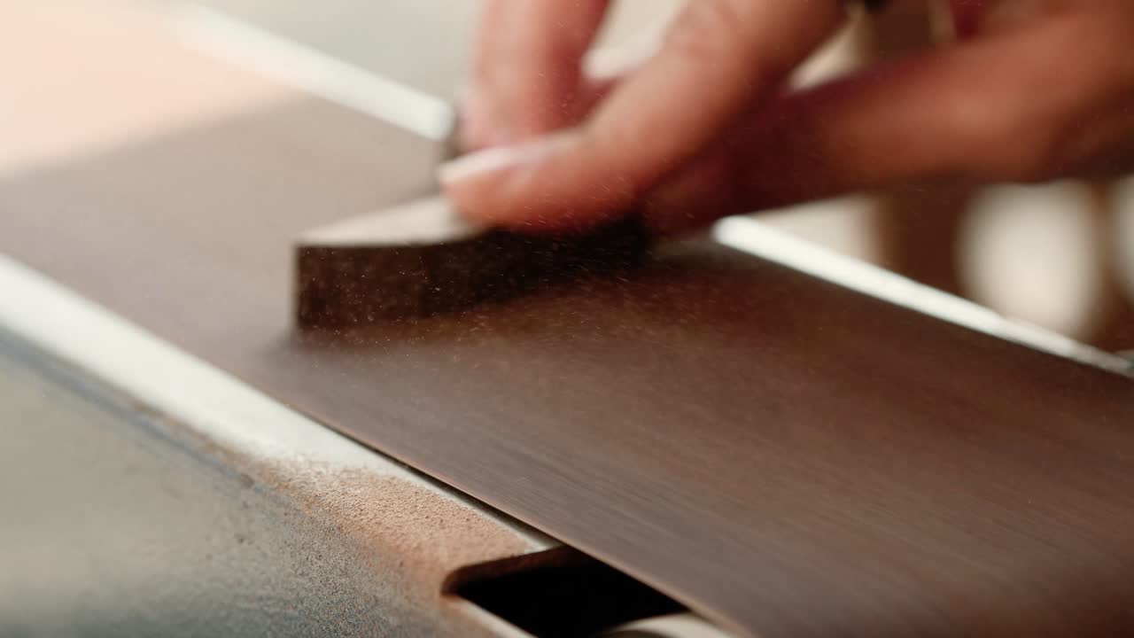 mujer de cerca lijando una pieza de arte de madera en una lijadora de banda carpintería 4k a cámara lenta 60 fps