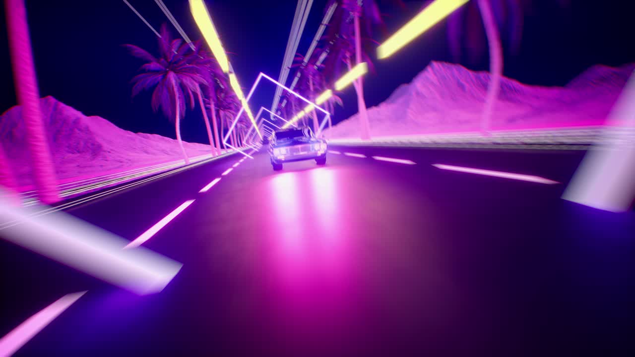 Auto e città in stile neon. Sfondo retro wave anni '80. Animazione 3D. Auto retro-futuristica che attraversa una città al neon