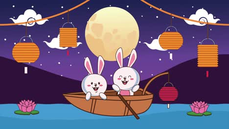 mid autumn festival animation with rabbits couple in boat and lamps hanging