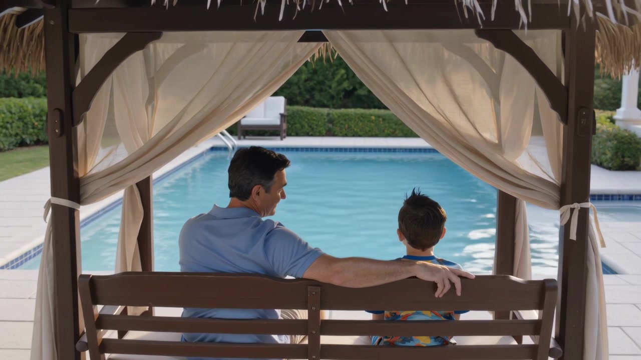 Noticing son facing pool, father turning toward boy on wooden swing bench under cabana, blue polo
