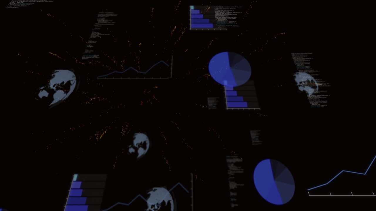 Animation of globes and financial data processing over black background