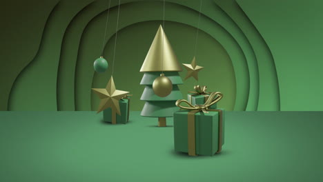 green and gold baubles swinging over christmas tree and gifts on green background