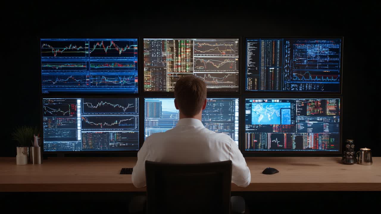 Focused Analyst Monitoring Complex Data Streams on Multiple Screens in a Dark Environment, Analyzing Financial Markets and Trends with Great Attention to Detail