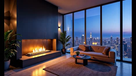 modern high-rise living room with city views