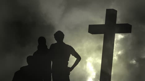 animation of silhouette of christian cross and a family over lightning and stormy clouds