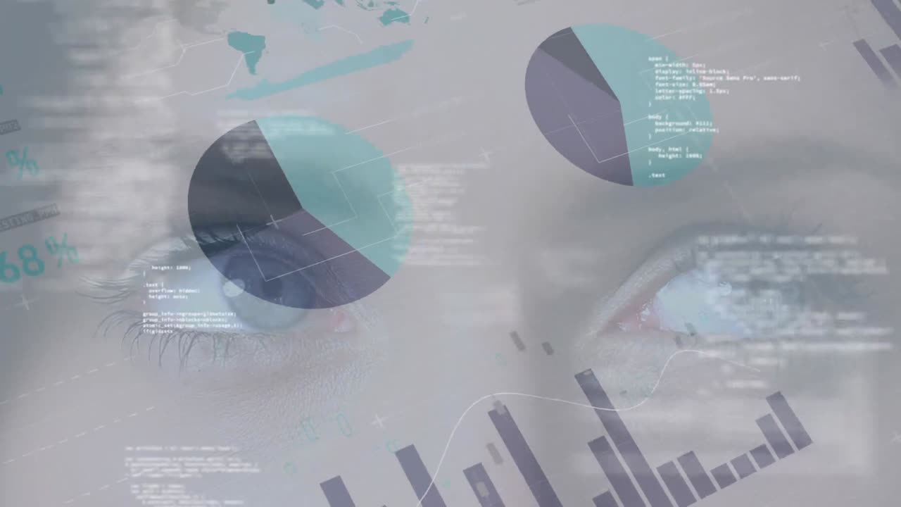 gráficos de datos y gráficos desplazándose en una vista de cerca de los ojos de la mujer