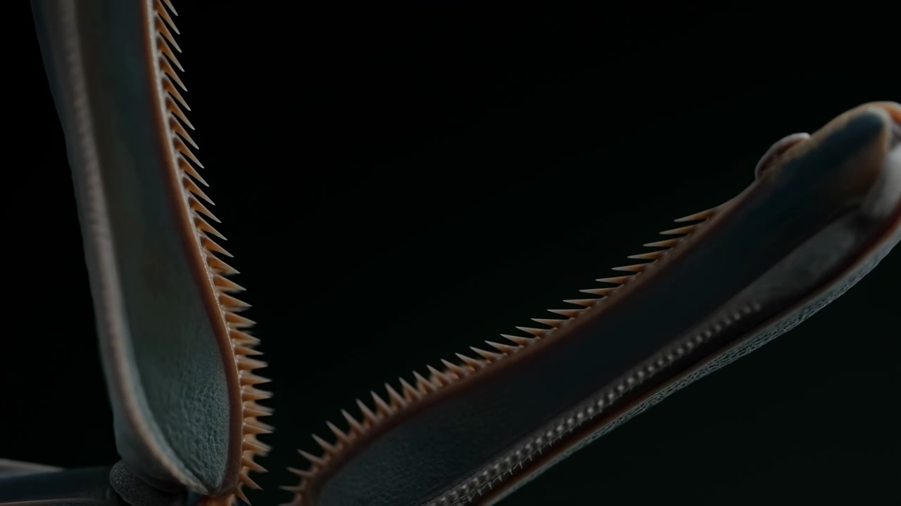 Extreme close-up shows three jointed appendages rotating outward against deep black background, opening to expose inner serrated teeth, leathery pads, sharp organic detail, and dramatic contrast