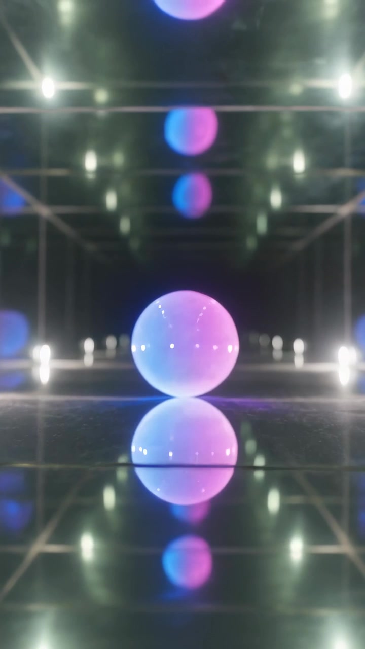 Video verticale: Griglia di luce pulsante che fa cambiare colore a una sfera in una camera a specchio, rivelando profondità.