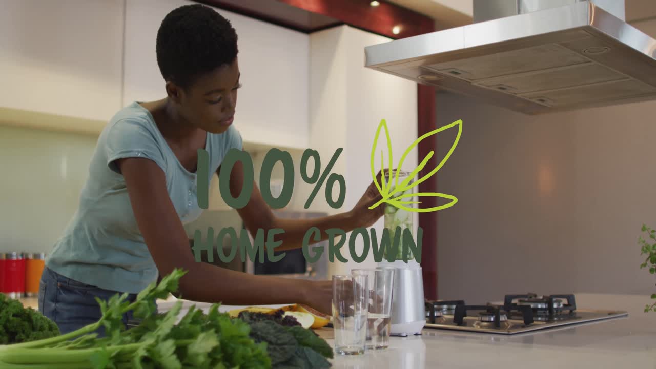 Animation of home grown text and leaves over happy african american woman cooking