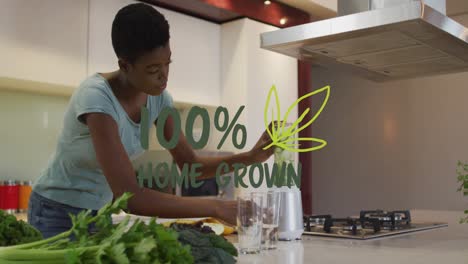 animation of home grown text and leaves over happy african american woman cooking