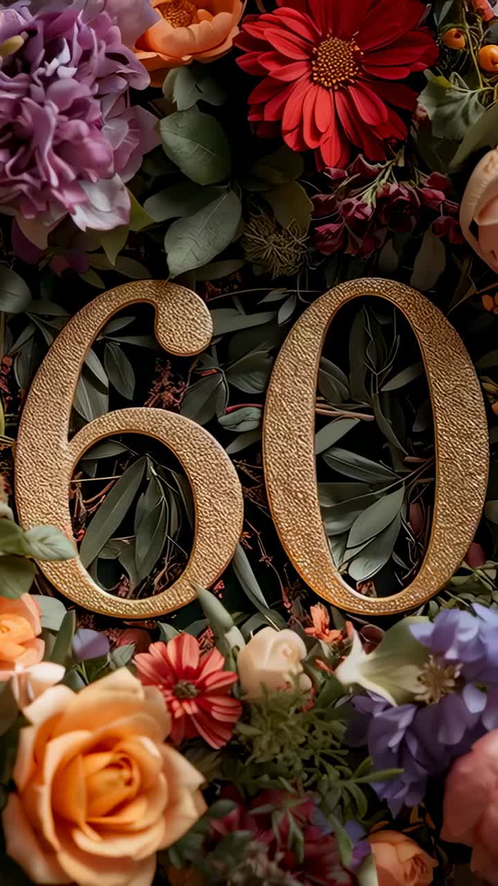 Vertical video: Panning camera across floral backdrop, highlighting gold 60 and foreground blooms