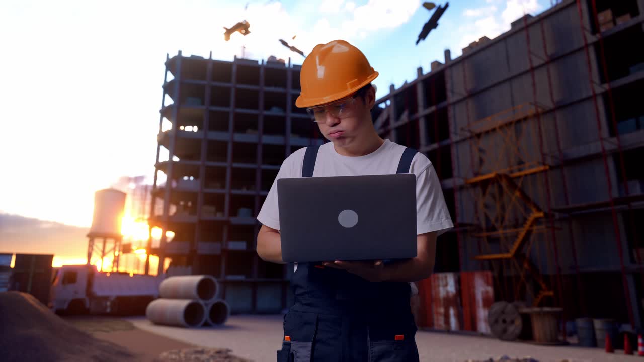 un trabajador asiático que usa una computadora portátil y tiene dolor de cabeza en el sitio de construcción