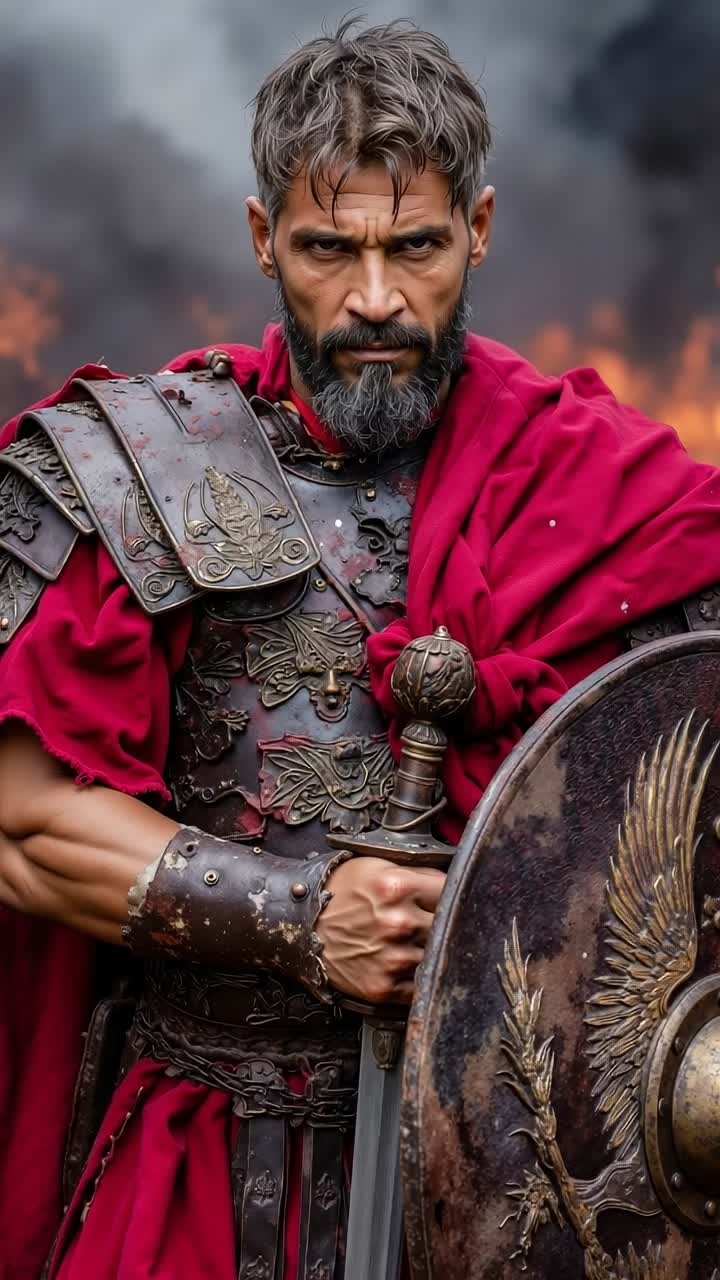 A man in a red robe holding a shield and a sword