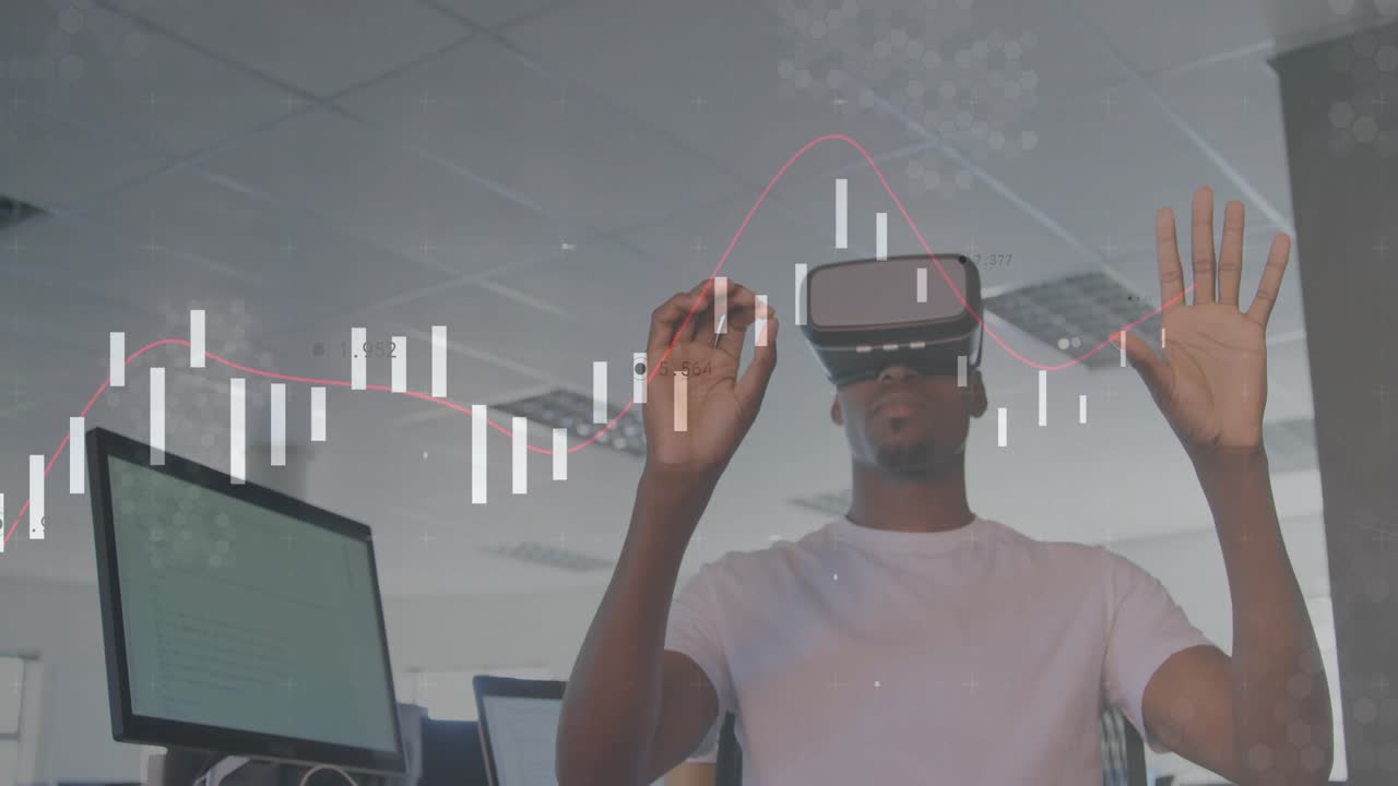 Man raising hands, donning VR headset, manipulating overlaid candlestick chart for finance analysis