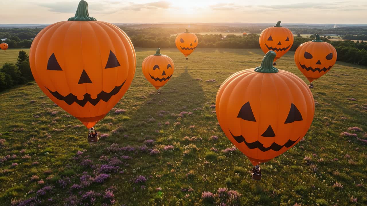 A Spooktacular Scene of Halloween-Themed Hot Air Balloons Taking Flight at Sunset Over a Scenic Field, Perfect for Celebrating the Festive Spirit