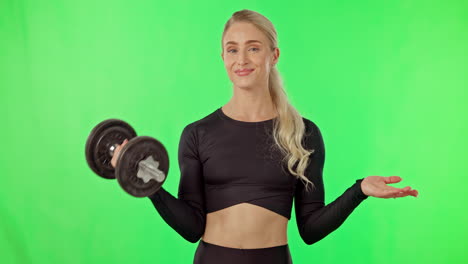 woman, exercise and dumbbell on green screen