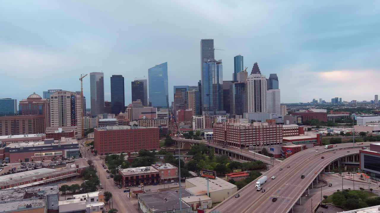 Drone view of downtown Houston on a cloudy day