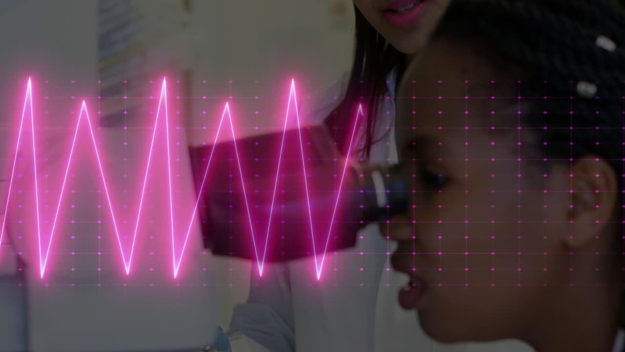 Using microscope, child scientist in school with pink waveform animation overlay