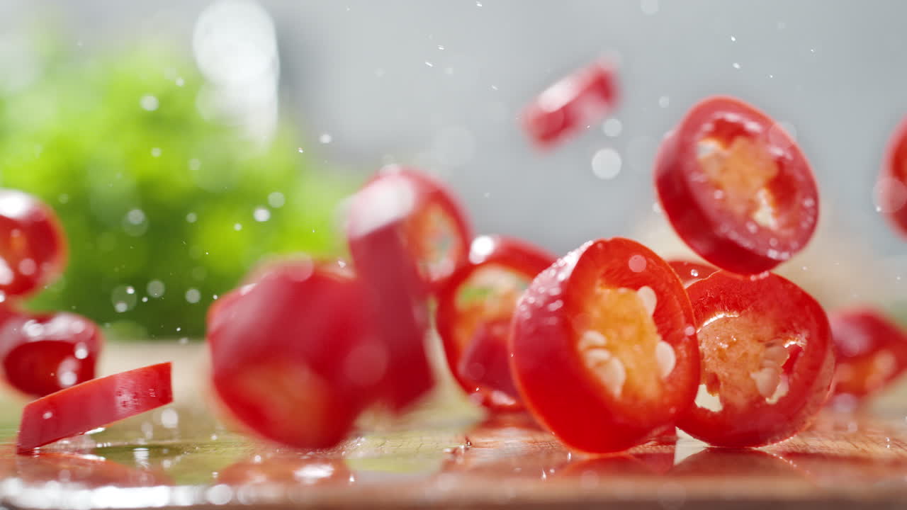 한 손의 은 칠리 고추가 나무 테이블에 떨어지고, 물방울이 거시적이고 느린 움직임으로 어집니다.
