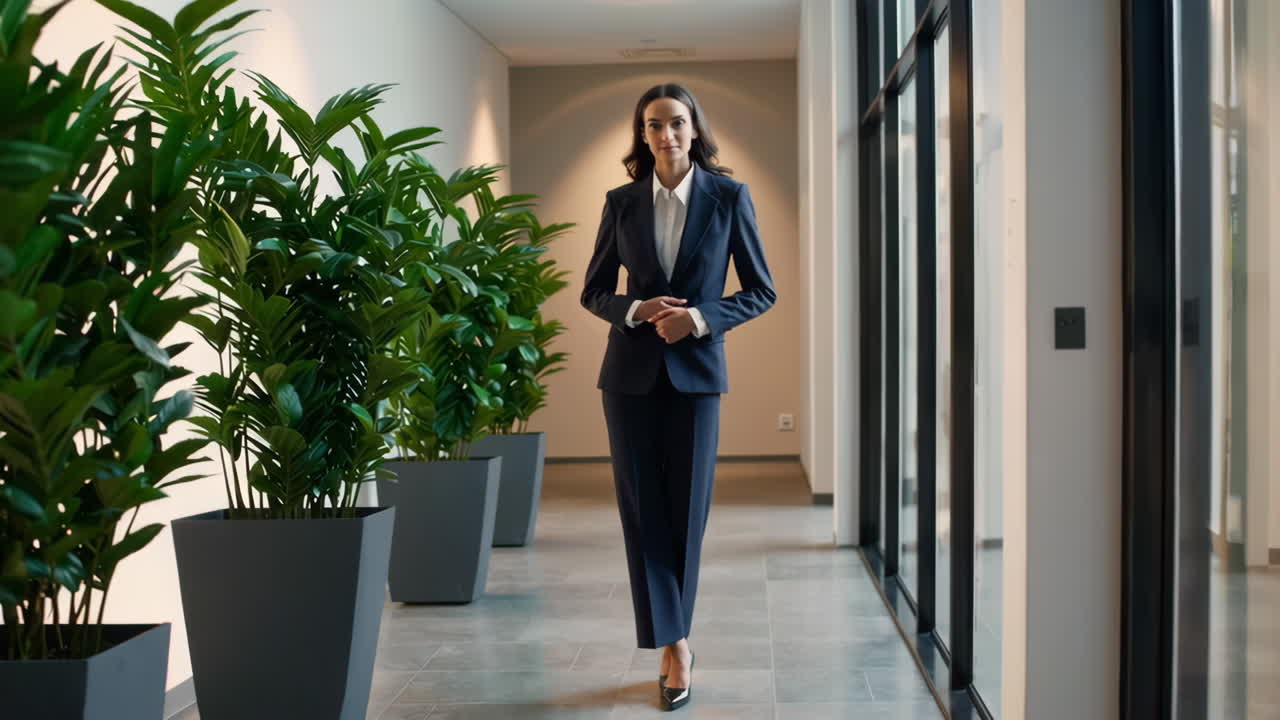 Businesswoman in a suit walking in a hallway