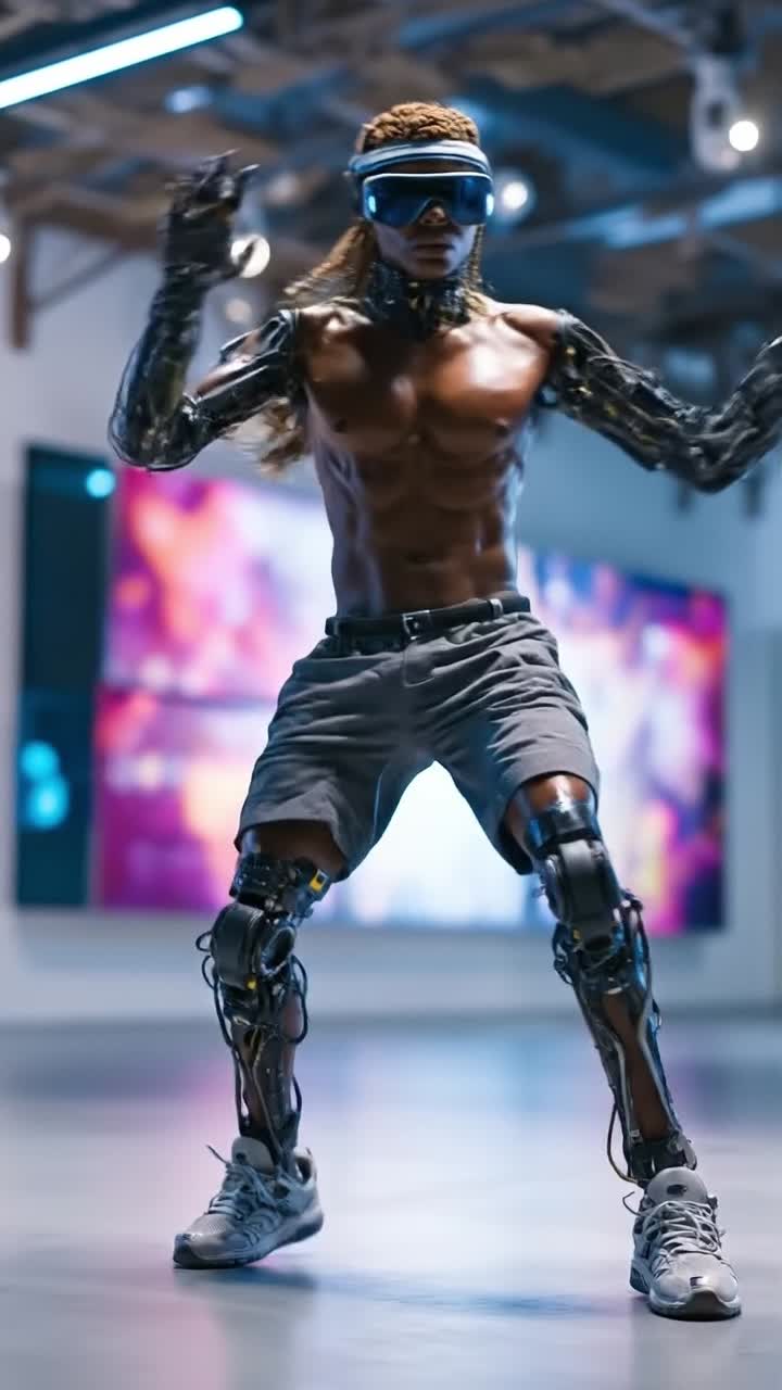 Athletic male cyborg in sports gear posing at futuristic gym exhibition