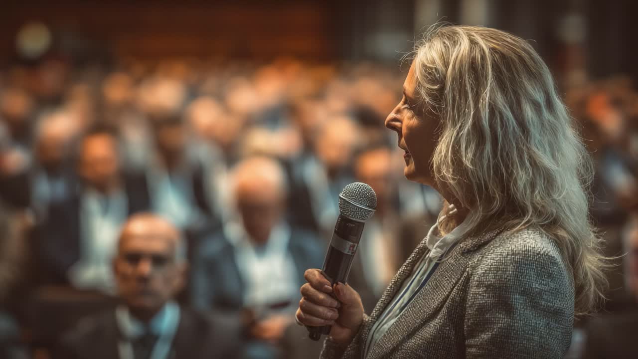 Un oratore dinamico che coinvolge un pubblico entusiasta a una conferenza, evidenziando capacità di comunicazione e leadership efficaci in un contesto professionale.