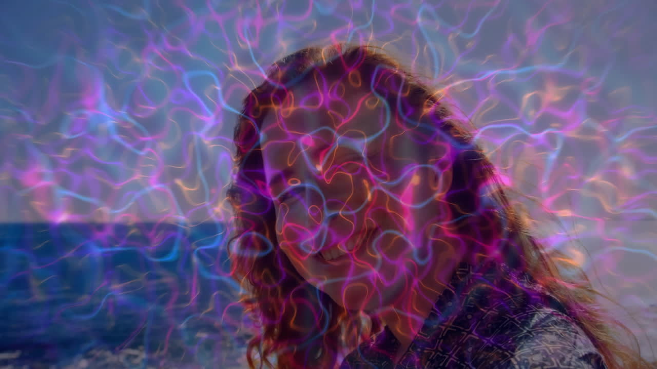 Standing by ocean, person with colorful abstract patterns in animation style