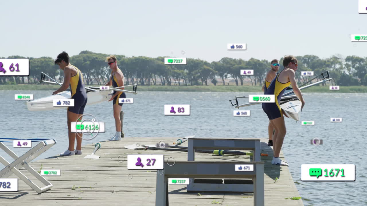 Rowing crew lifting shell on dock, displaying floating social media marketing engagement metrics