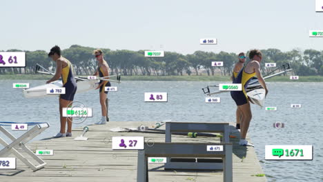 rowing crew lifting shell on dock, displaying floating social media marketing engagement metrics