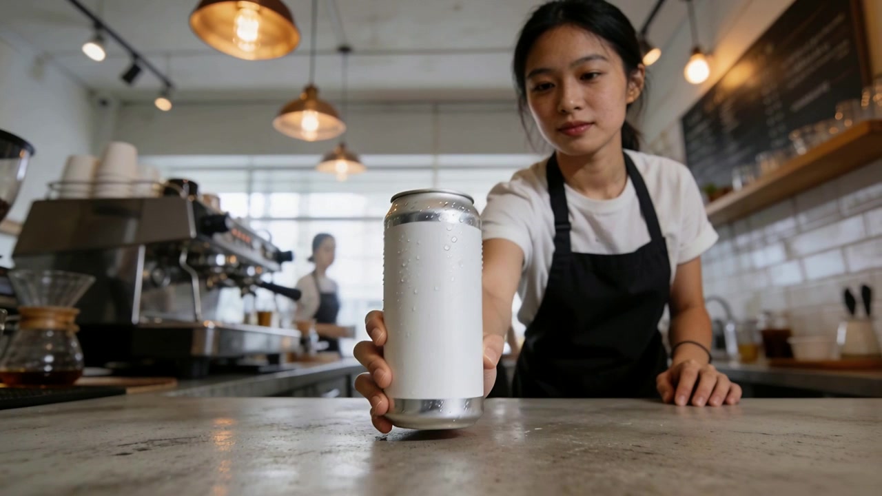 Barista asiatico in camicia bianca e grembiule nero, che si allunga per ispezionare una lattina refrigerata al bancone del bar.