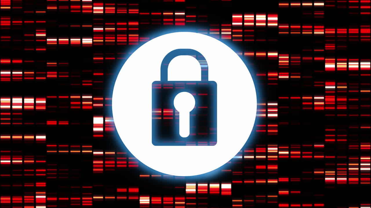 animación de la red de conexiones y el candado de seguridad en línea sobre un fondo oscuro