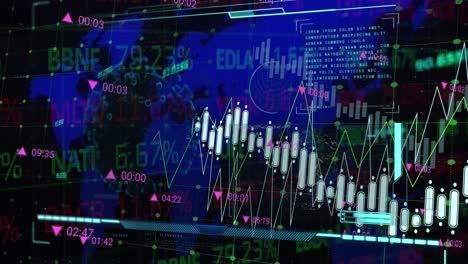 animación del procesamiento de datos financieros sobre el mapa del mundo sobre un fondo oscuro