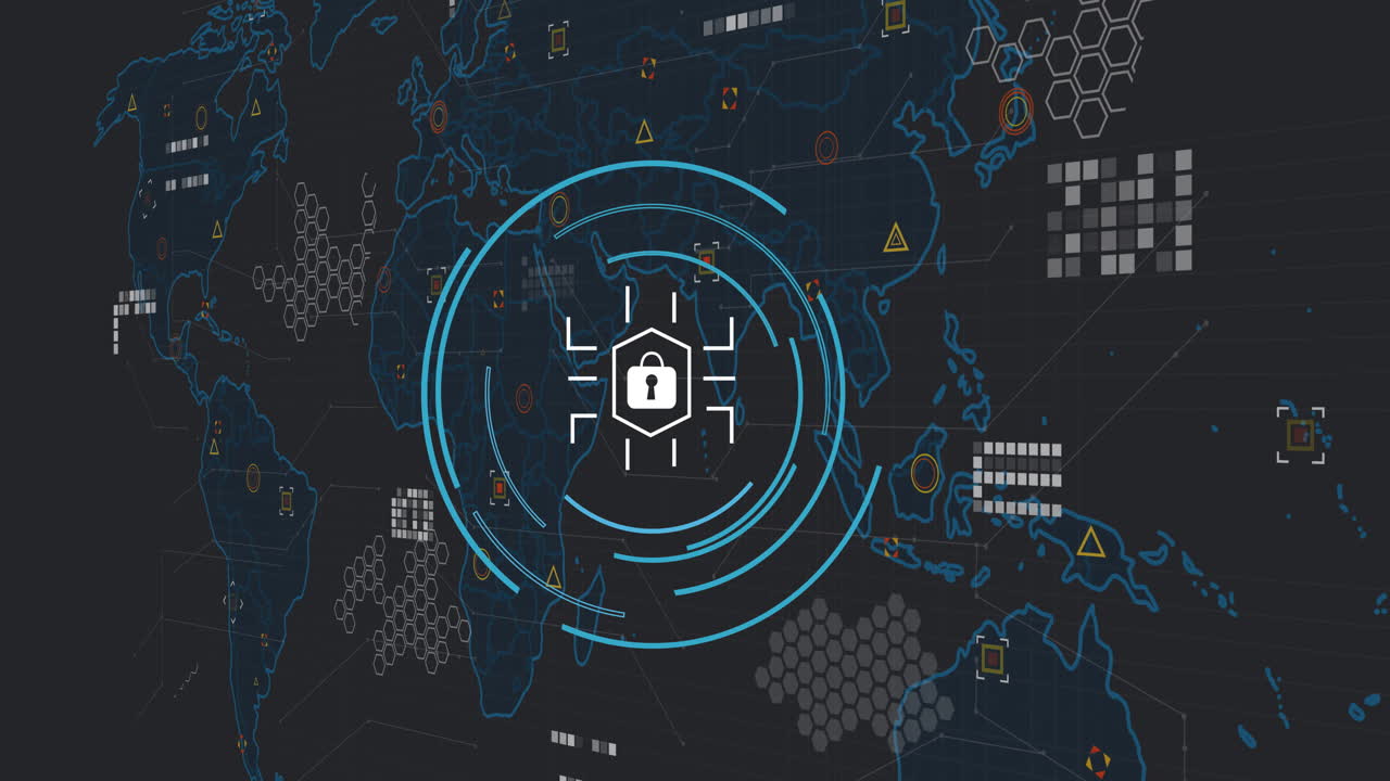 Data security being visualized on digital interface, featuring padlock shield and neon map outlines