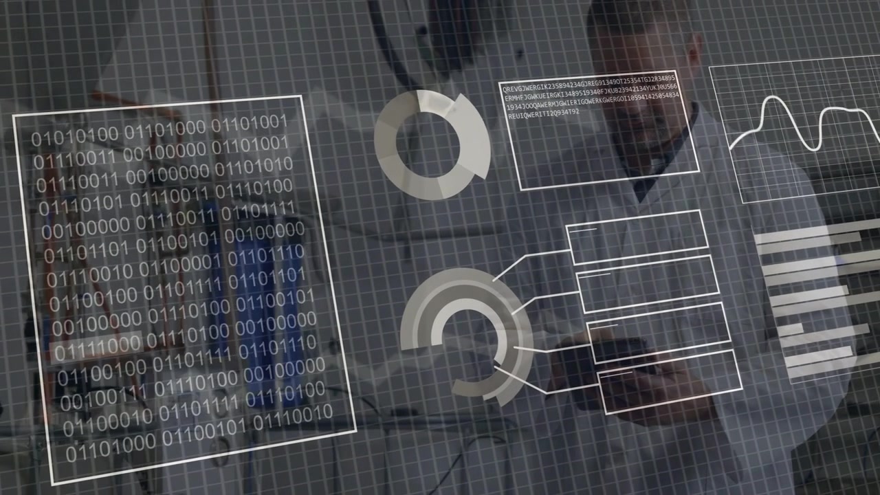 Male tech tapping phone, causing transparent HUD showing binary grid, rings and wave for technology