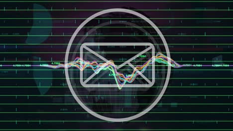 Animación-Del-Icono-De-Mensaje-Sobre-Procesamiento-De-Datos-Estadísticos-Sobre-Un-Globo-Giratorio-Sobre-Fondo-Negro