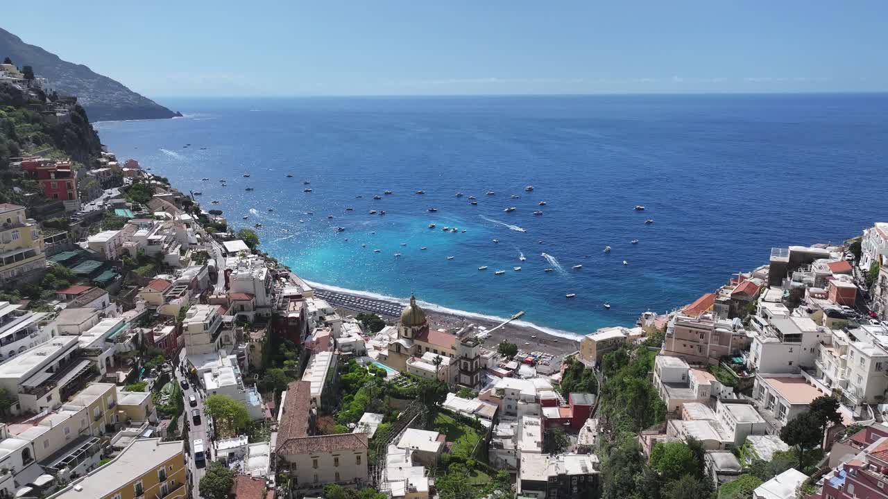 Amalfi Coast At Positano In Salerno Italy. Beach Landscape. Giant Cliffs Scene. Amalfi Coast At Positano In Salerno Italy. Medieval City Skyline. Gulf Of Salerno Mediterranean Sea. Beach Skyline