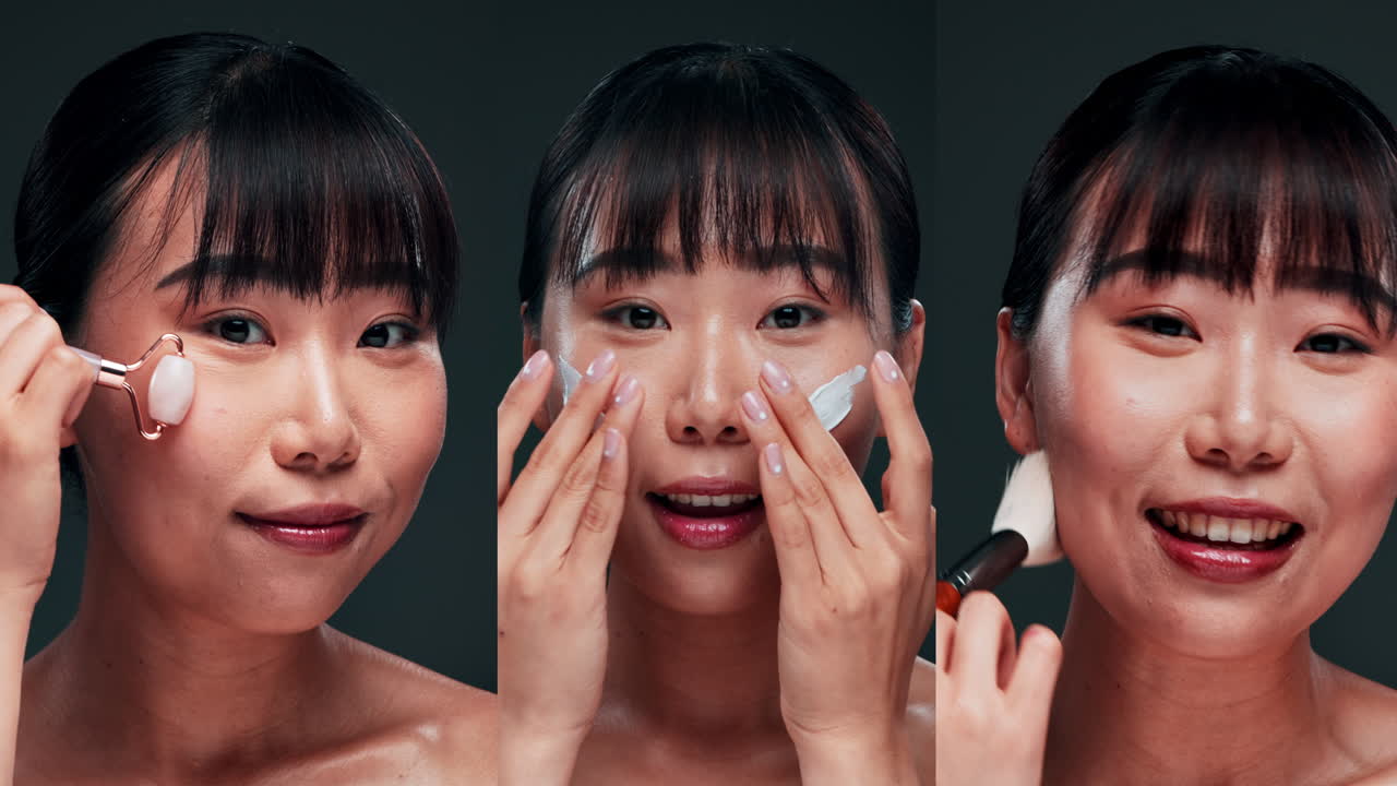 피부 관리 루틴 을 보여 주는 여자