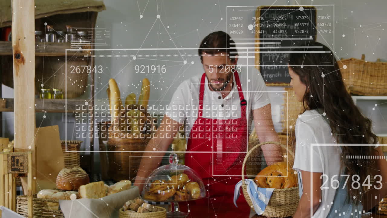 Bakery scene with data processing animation over people choosing bread