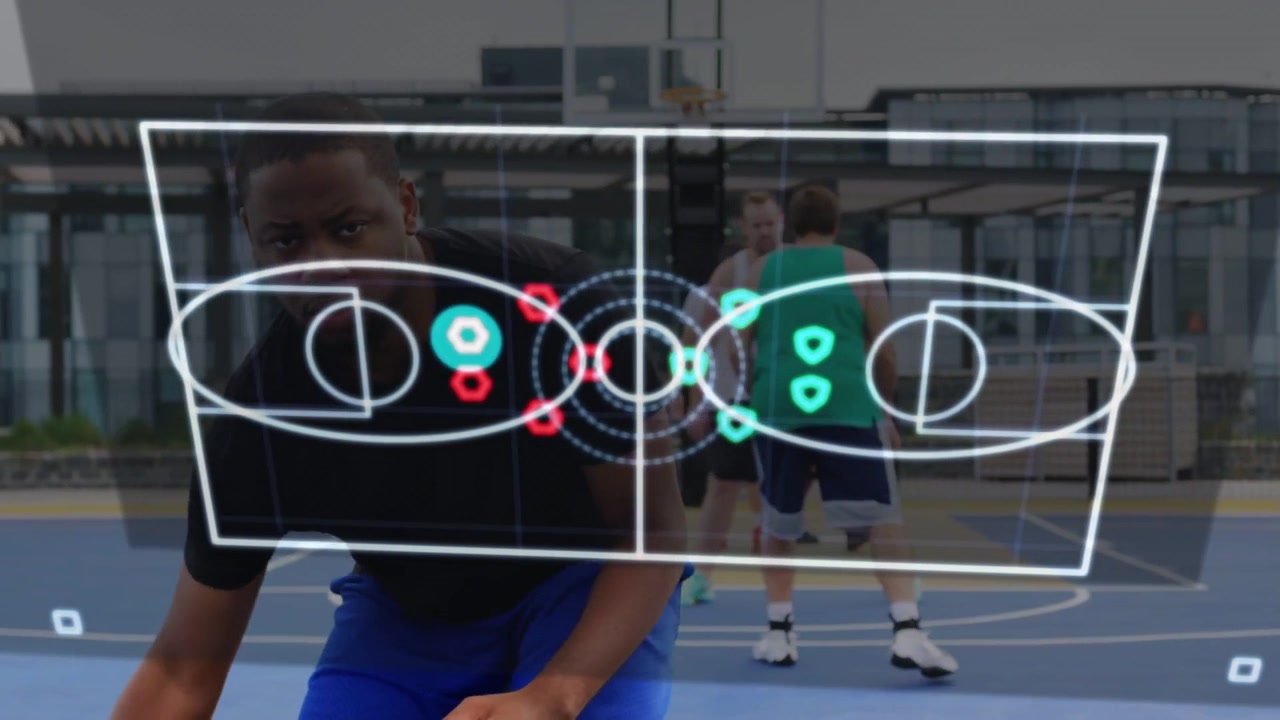 Dribbling player black shirt blue shorts on court reacting to HUD overlay, training with basketball
