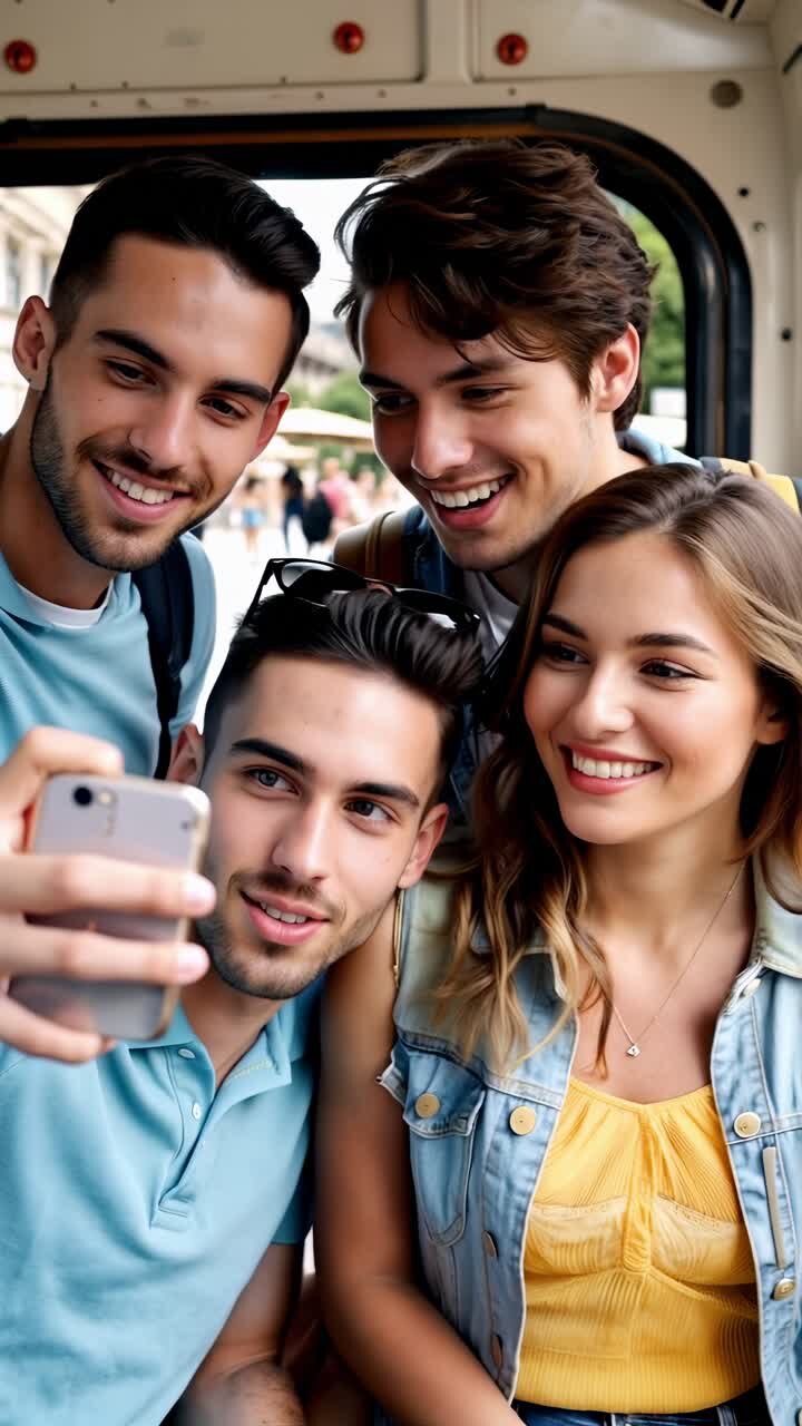 Friends enjoying a scenic tram ride on a sunny summer day.