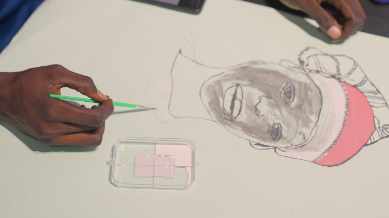 Black painting portrait final reveal shows black artist finishing details, bold pink cap accent, last brush and signature motion, tabletop studio display ready for gallery or gift, upbeat finishing
