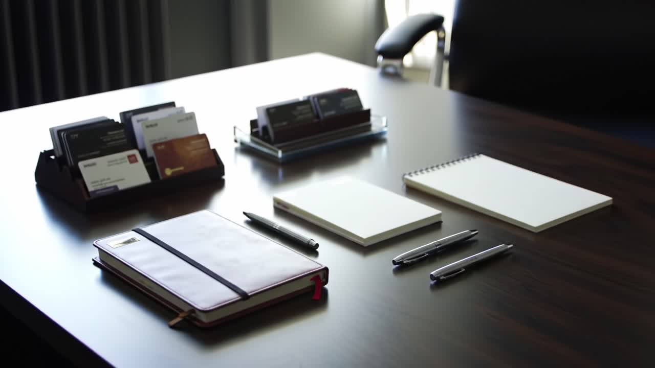 Organized Workspace with Notebooks, Pens, and Business Cards Ready for Creative and Professional Tasks in a Modern Office Environment